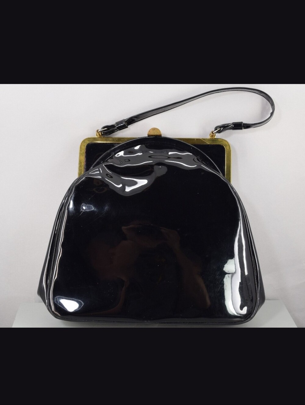 Black Patent Frame-Top Wristlet Bag